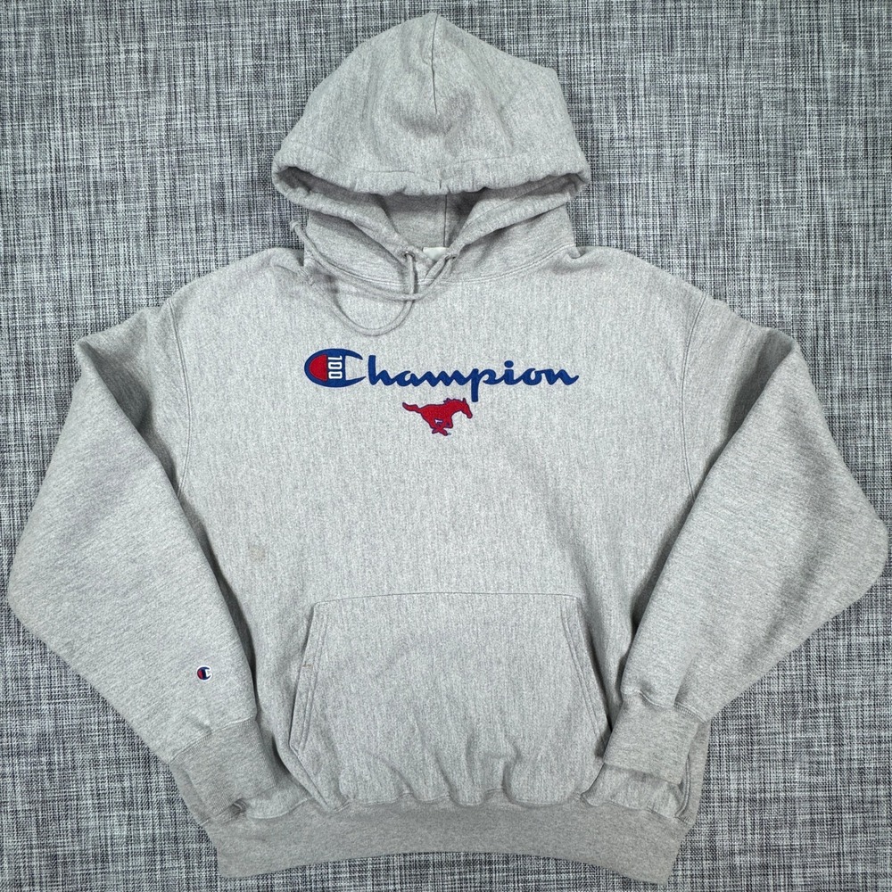 Champion Mens Reverse Weave Hoodie 2XL Gray SMU Mustangs Embroidered Pullover